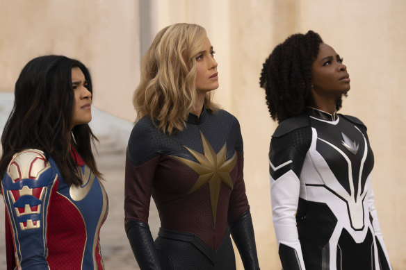 Iman Vellani (left) as Ms Marvel, Brie Larson as Captain Marvel, and Teyonah Parris as Captain Monica Rambeau in The Marvels, which has clocked up unimpressive audience numbers.