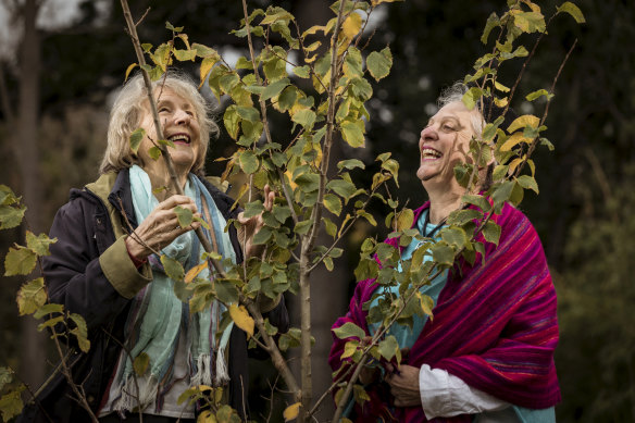 Jenny Happell and Sandra Pullman with an elm they helped to propagate in the Melbourne Botanic Gardens.