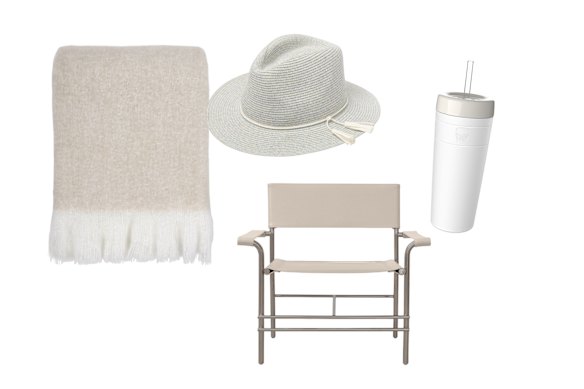 “Sorrento” throw; “Rosebud” fedora; “Chester” armchair; “Helix XL” cold cup.  