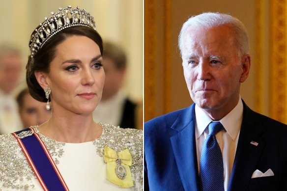 Princess Catherine wearing the Cambridge Lover’s Knot Tiara during a state banquet at Buckingham Palace in November and President Joe Biden at Windsor Castle on Monday.