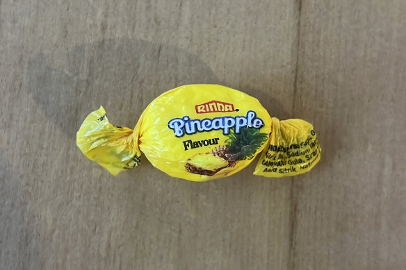 A pineapple-flavoured lolly filled with a potentially lethal dose of methamphetamine is displayed in Auckland.