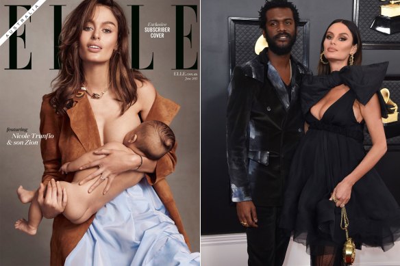 Nicole Trunfio on the cover of Elle magazine with son Zion in 2015, and with her husband, musician Gary Clark Jr. 