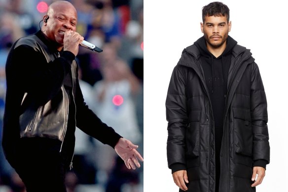 Dr Dre performing in a leather bomber jacket and a leather puffer jacket from Melbourne brand Mndatory ($2190).