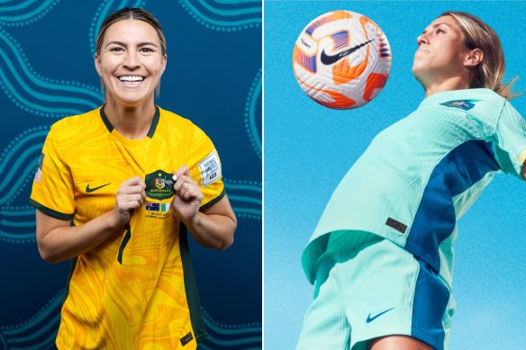 A tale of two jerseys: Steph Catley of Australia in the home jersey; Katrina Gorrey in the Matilda’s away jersey.