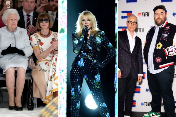 The Queen with US Vogue editor Anna Wintour at Richard Quinn’s London Fashion Week show in 2018; Kylie Minogue performing at the British Fashion Awards wearing Richard Quinn in 2021; Tommy Hilfiger backstage with Richard Quinn at New York Fashion Week.