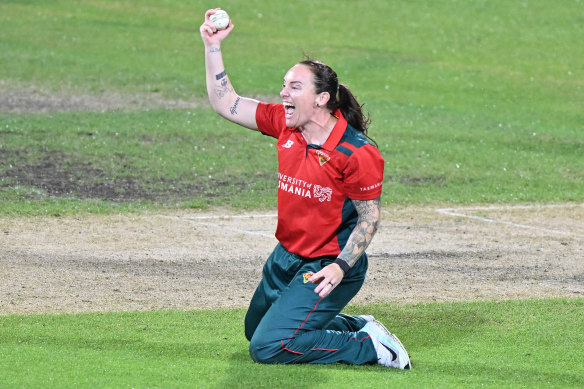Sarah Coyte celebrates a wicket in the final.