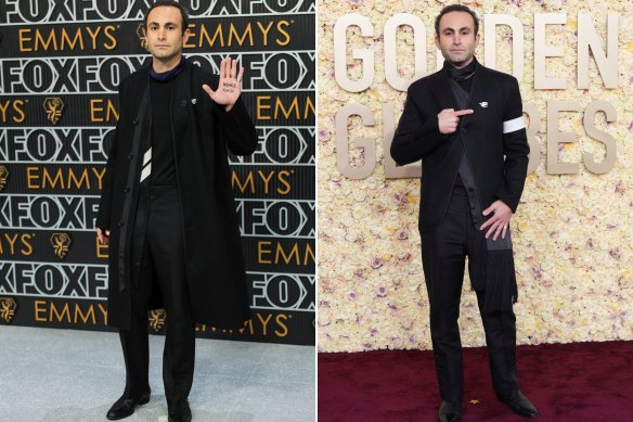 The Crown’s Khalid Abdalla’s red carpet activism at the Emmys (left) and the Golden Globes.
