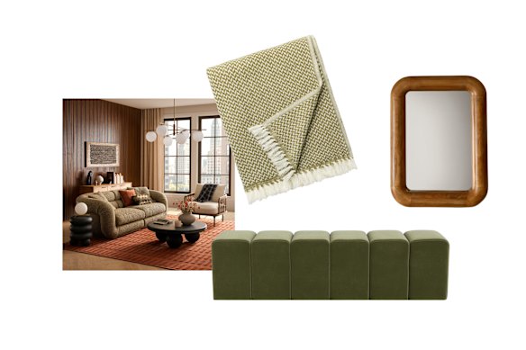 “Solari” sofa; “Copenhagen” cashmere throw; “Niche” bench; “Dora” mirror.