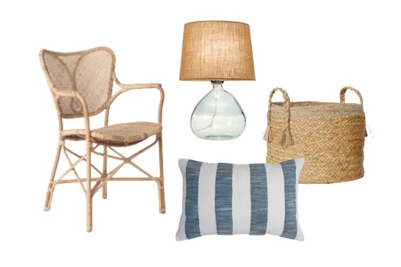 “Piana” chair; “Moncao” table lamp; “Mollymook” outdoor cushion; Seagrass basket.
