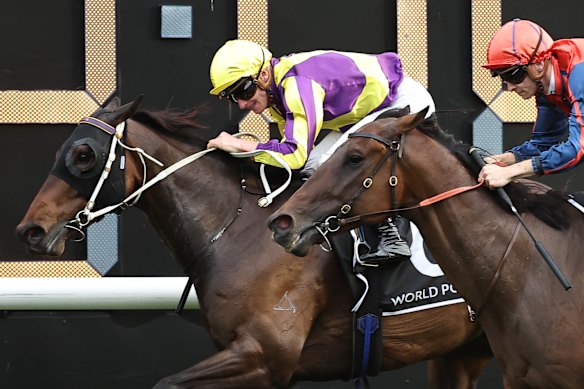 James McDonald rides Willaidow to victory in the last race on Everest day at Randwick on October 19, 2024.