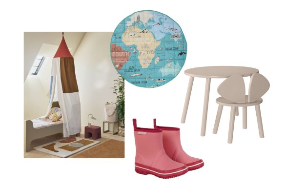 “Podo” stool; “Atlas” play mat; “Andi” gumboots; “Mouse” table and chair set.  