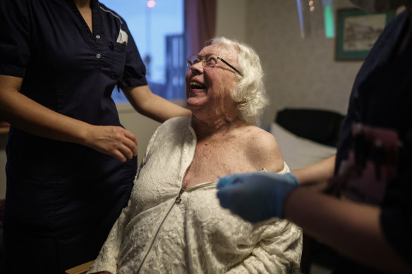 Auslag Westling, a resident at a Swedish nursing home, gets the Pfizer-BioNtech COVID-19 vaccine on January 7.