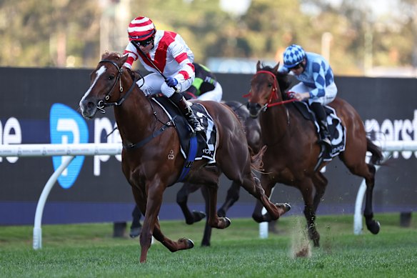 Skyhook wins the group 2 Shannon Stakes under Kerrin McEvoy.