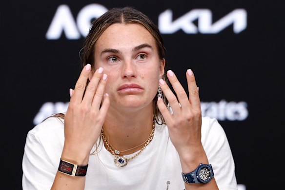 Aryna Sabalenka speaks to the media at a press conference after her final loss.