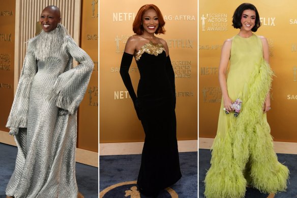 Cynthia Erivo in vintage Givenchy, Keke Palmer in vintage Chanel and Bronwyn Newport in vintage Christian Dior at the 31st annual Screen Actors Guild Awards on Sunday at the Shrine Auditorium in Los Angeles. 