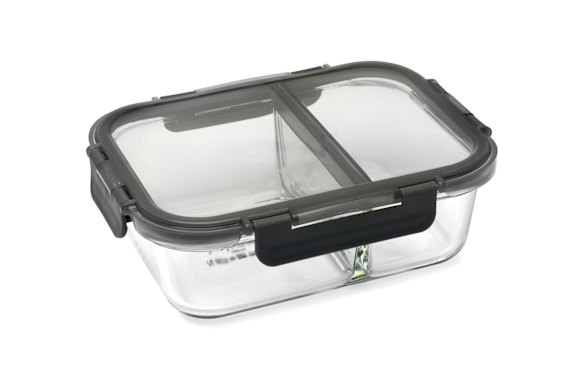 Pyrex meal prep divided storage borosilicate glass containers with snap lock lid.