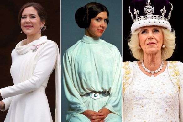 Queen Mary on the balcony of Christiansborg Palace in a dress by Soeren Le Schmidt; Carrie Fisher as Princess Leia in Star Wars in a John Mollo-designed dress; Queen Camilla on the balcony of Buckingham Palace following her coronation last May, wearing a Bruce Oldfield tunic.