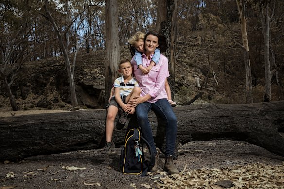 Euroa MP Annabelle Cleeland, with sons Quinn, 5, and Arthur, 6, in the aftermath of the Longwood fire.
