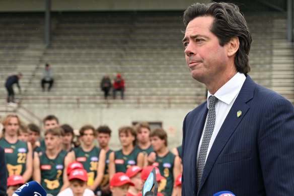 Departing AFL CEO Gillon McLachlan, announcing Tasmania’s entry as the league’s 19th team in 2028.