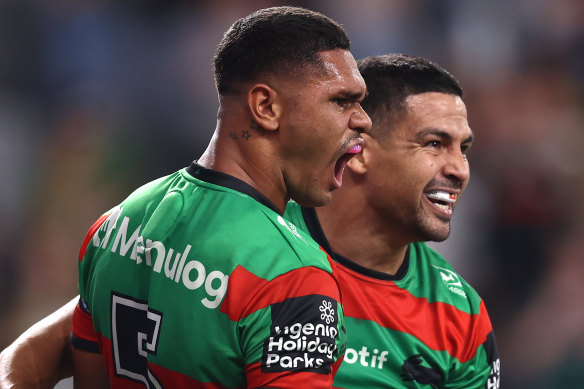 Tyrone Munro celebrates a try with Cody Walker, before he was struck down with yet another injury.