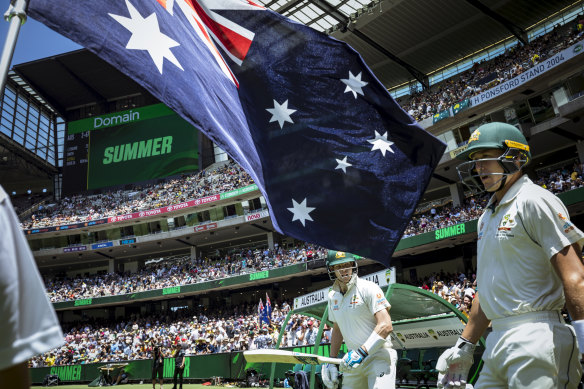 Steve Smith and Marnus Labuschagne take the field during last year's Boxing Day Test.
