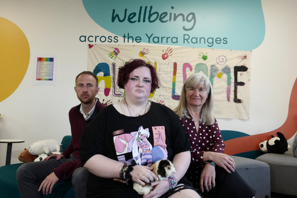 Tyrell Mills, Lilydale Youth Hub marketing coordinator, client Sien Withers-Burke and Sue Sestan, chief executive of lead agency Inspiro at the hub.