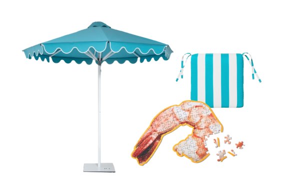 'Balmoral' umbrella; 'Party Shrimp' puzzle; 'Southport Mallacoota' chair cushion.