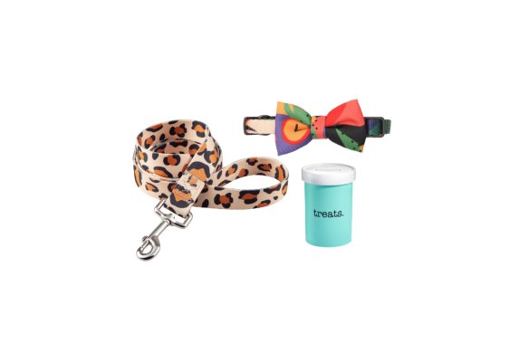 “Leopard” lead; Bone china treat jar; Pidan bow-tie cat collar.