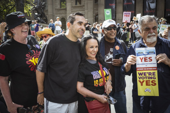 Linda Burney and former AFL player Eddie Betts at a weekend Yes event.