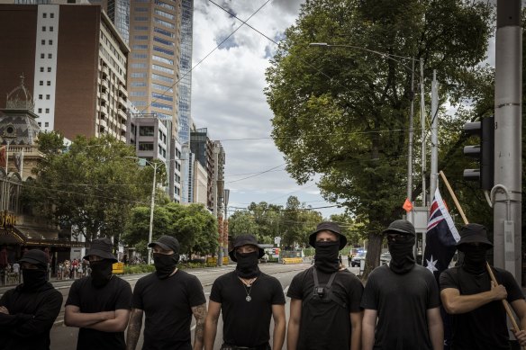 Members of the neo-Nazi group the National Socialist Network marched on the steps of Victorian Parliament earlier this month.