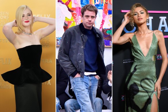 Elle Fanning in Loewe at the Oscars; Jonathan Anderson at the Loewe autumn 2024/25 menswear show on January 20, 2024 in Paris; Zendaya in Loewe at the Challengers premiere in Sydney, March 2024.