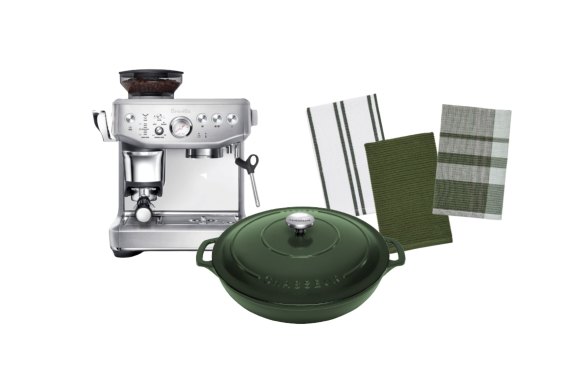“Barista Express Impress” machine; 
“Forest” casserole; “Essential” tea towels.