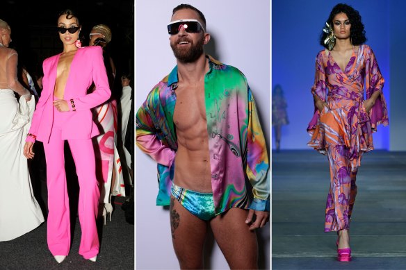 A model in Mariam Seddiq, “Jagged Little Pill” star Tim Draxl in Erik Yvon, and Sass & Bide at Australian Fashion Week.