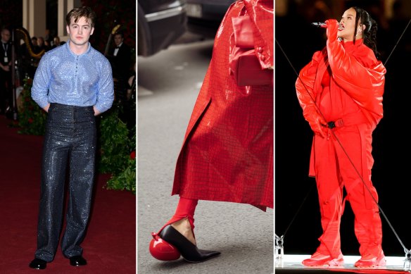 ‘Heartstopper’ actor Kit Connor in Loewe at Vogue World, London, September 14; Loewe’s imitation balloon heels on the street at Paris Fashion Week; Rihanna performing at the US Super Bowl halftime show, February 12. 