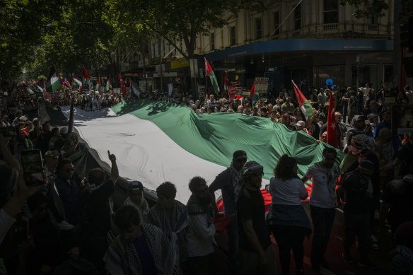 Protesters carry the Palestinian flag through the CBD.