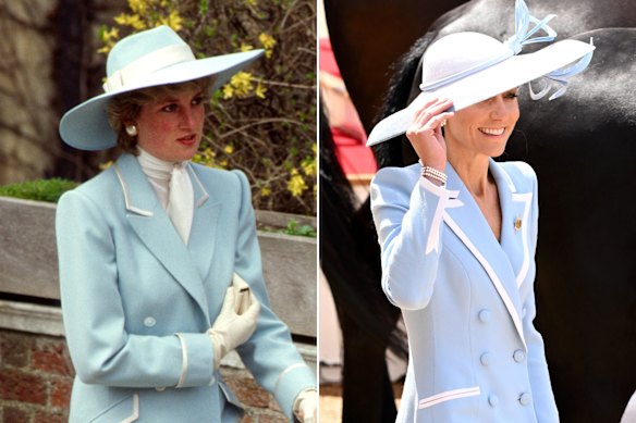 Diana, Princess of Wales, in 1987, and Catherine, Princess of Wales, at Trooping the Colour in 2026, both wearing Catherine Walker.