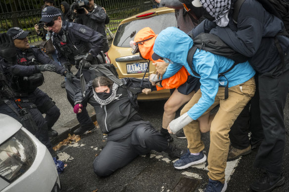 Police officers clash with pro-Palestine protesters near Parliament House.