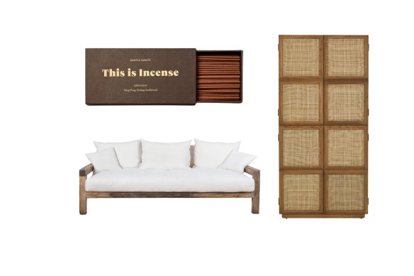 “Grounded” incense; “Judd” outdoor sofa; “Nevada” tall cabinet.  