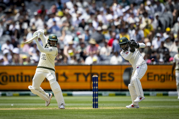 Usman Khawaja plays off the back foot against Pakistan during the Boxing Day Test.