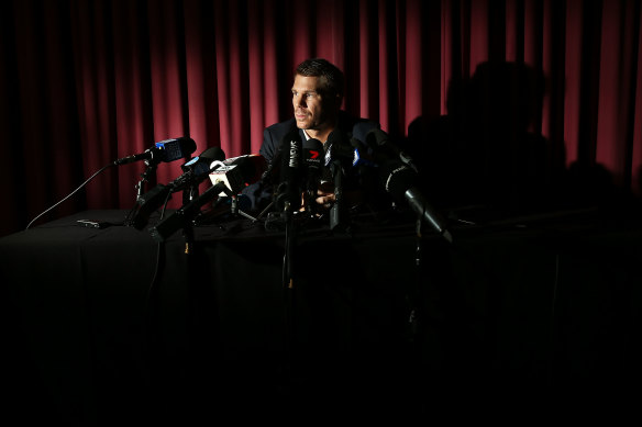 David Warner addresses the media in Sydney after the 2018 Cape Town Test.