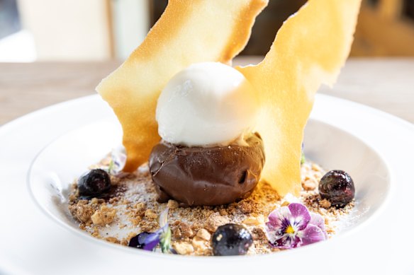 The Black Forest dessert changes regularly, such as this dark chocolate pave with cherry brandy, cherries, pastry crisps and cream.