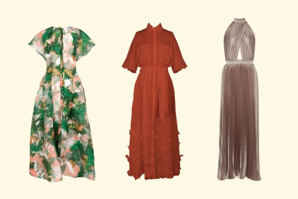 Ginger & Smart’s Aquarelle Dress and Myriad Shirt Dress. L’idée’s Renaissance Gown Latte.