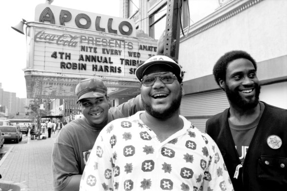 From left, “Trugoy the Dove” Jolicoeur, Vincent “Maseo” Mason and Kelvin “Posdnuos” Mercer outside the famed Apollo Theater in Harlem in September 1993.