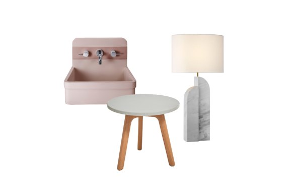 “Herbert” concrete basin; “Bagel” side table; “Savoye” lamp.