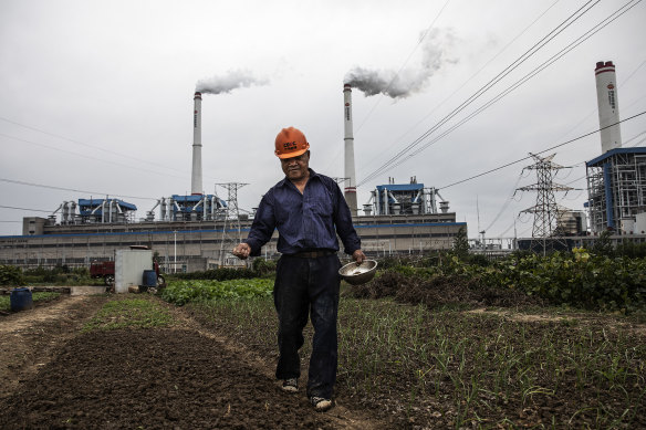 A man tenders to young plants in front of a coal-fired power station in Hanchuan, Hubei province, China.