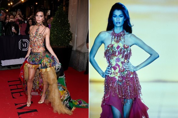 Emily Ratajkowski (left) at the 2022 Met Gala and Yasmeen Ghuari in 1992.