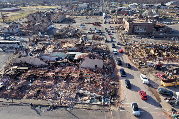 An aerial view of the destruction in Mayfield.