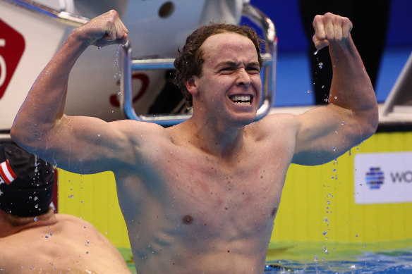 Sam Short after touching the wall first in his 400m freestyle final in Fukuoka.