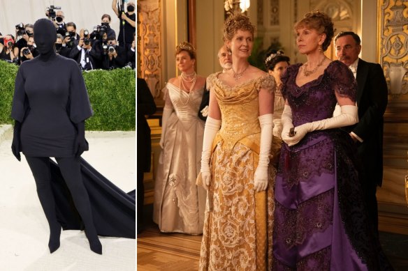 Kim Kardashian wearing Balenciaga on the red carpet for the 2021 Met Gala in New York. This year’s dress code ‘Gilded Glamour’ draws inspiration from the Netflix series ‘The Gilded Age’, starring Cynthia Nixon and Christine Baranski.