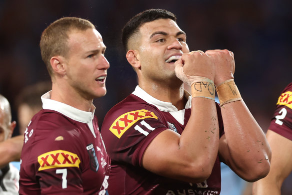 David Fifita celebrates after scoring the opening try for the Maroons.